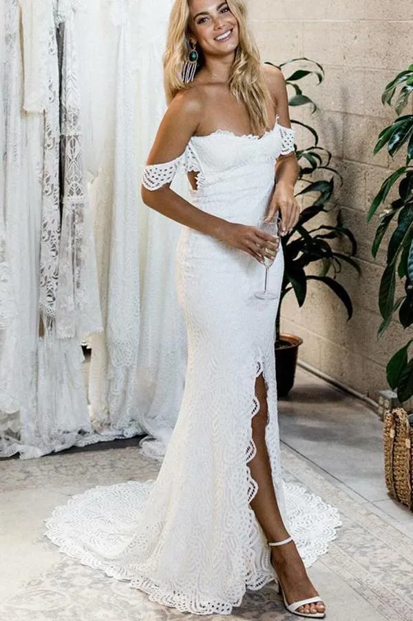 Off the Shoulder White Sweetheart Lace Sexy Mermaid Open Back Beach Wedding Dresses