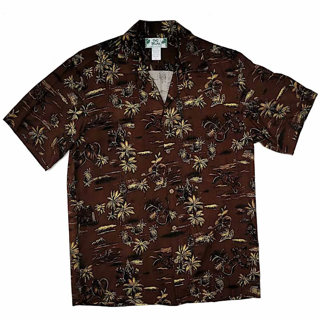 Old Hawaiian Retro Print with Pineapple and Palm Tree Shirt- Grey