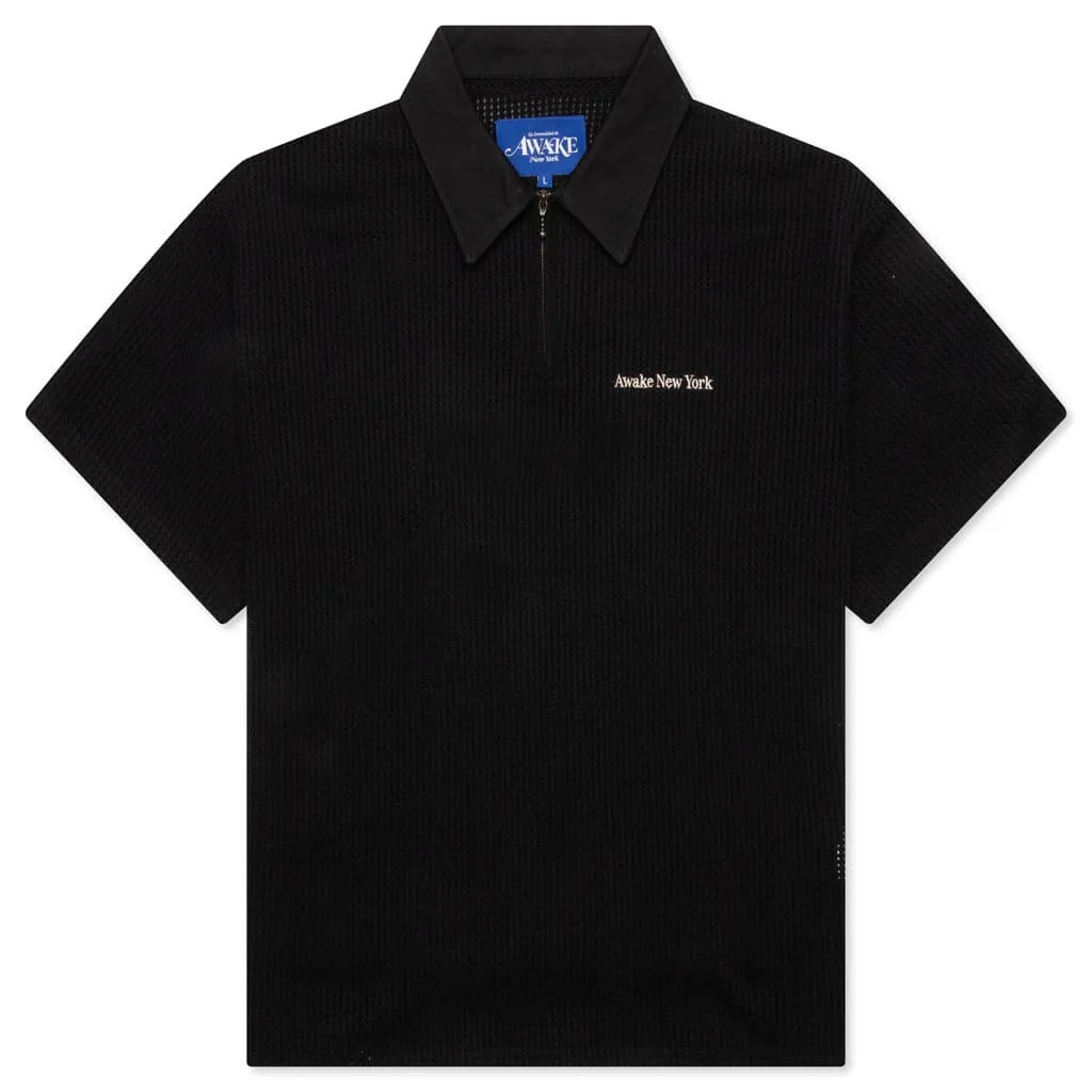 Open Knit Embroidered Polo - Black