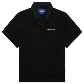 Open Knit Embroidered Polo - Black