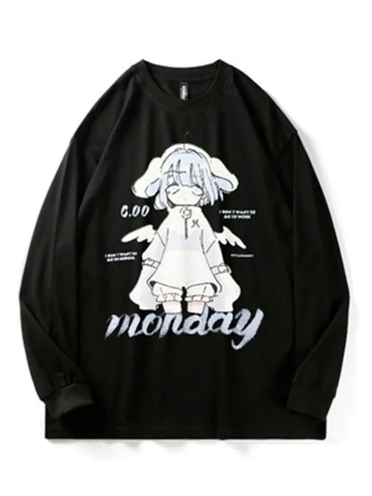 Oversized Sweatshirt With Kawaii Anime Print