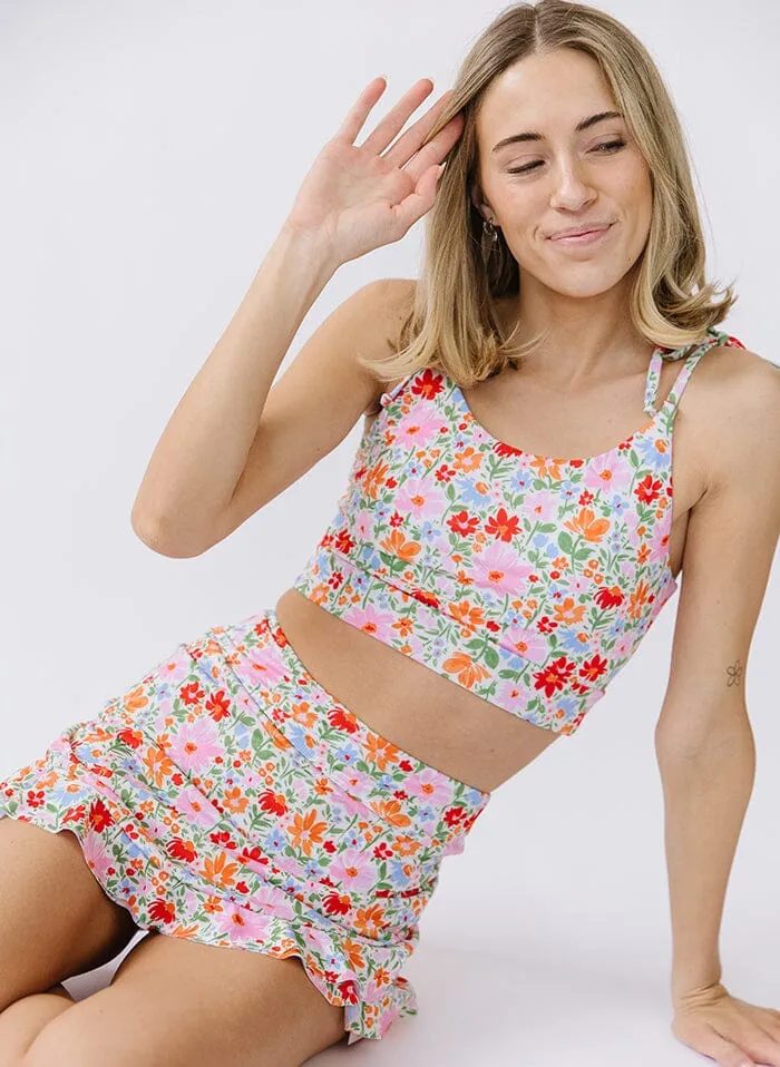 Painted Floral Shoulder-Tie Crop Top