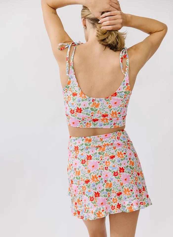 Painted Floral Shoulder-Tie Crop Top