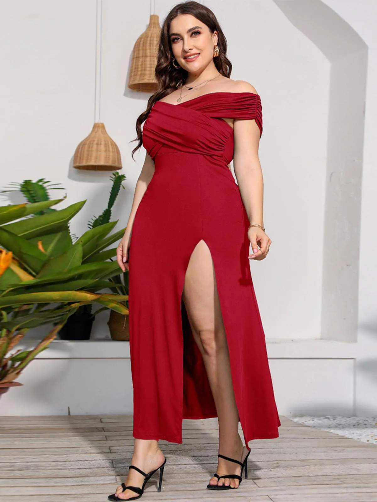 [Plus Size] 1930s Off-Shoulder Solid Long Dress