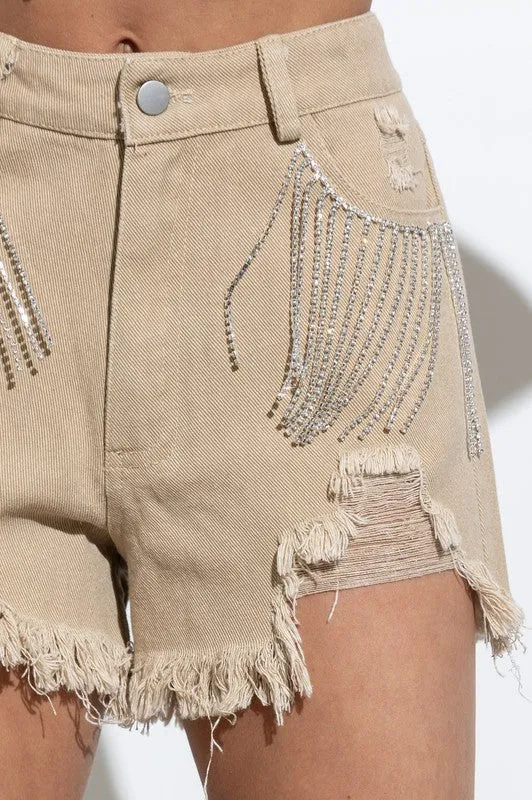 Presley Rhinestone Denim Shorts- Taupe