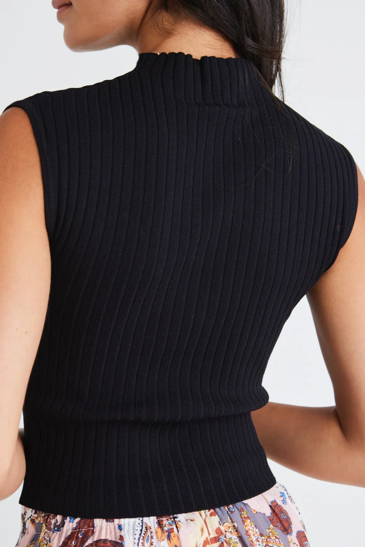 Regal Black Sleeveless Funnel Neck Rib Knit Top