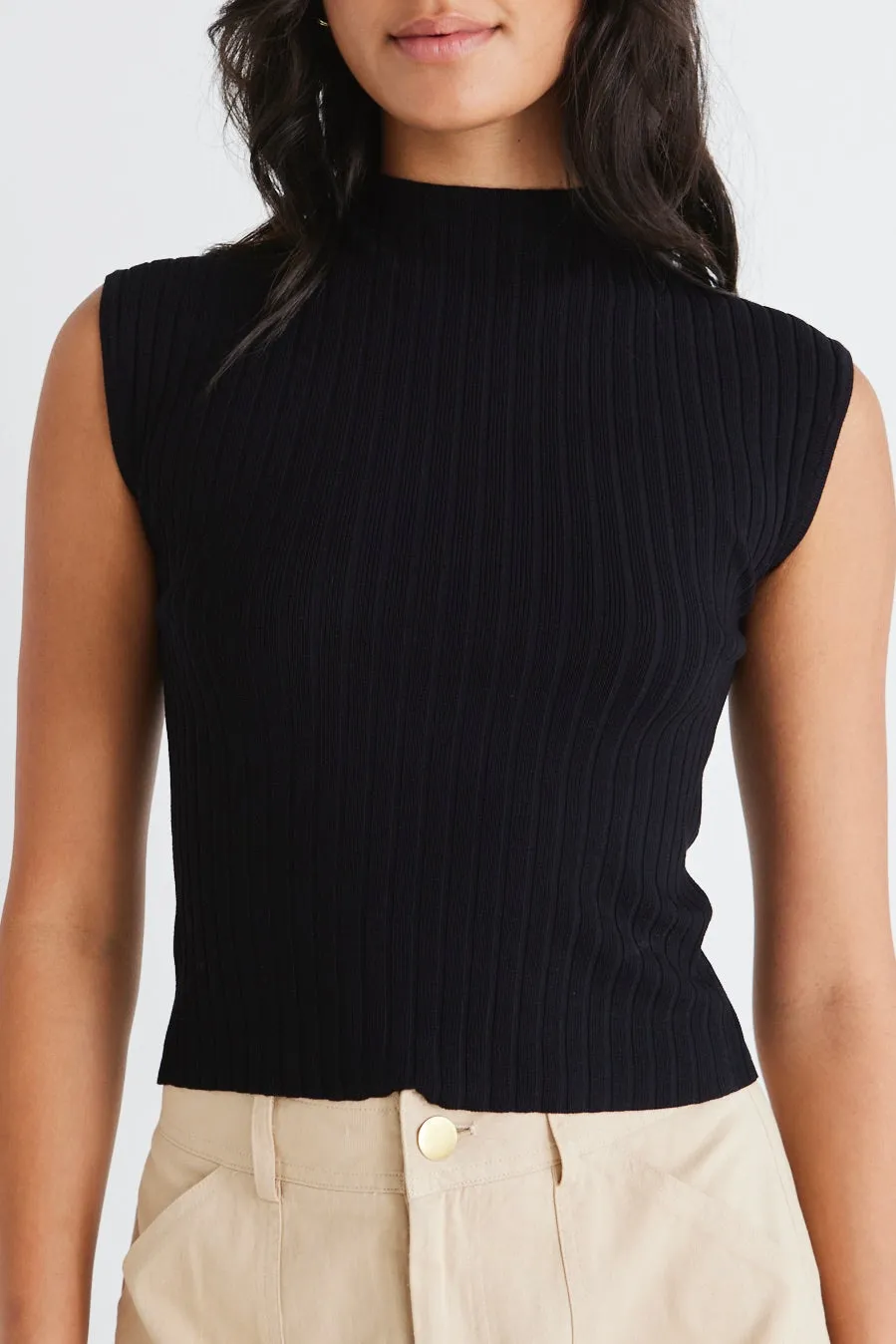 Regal Black Sleeveless Funnel Neck Rib Knit Top