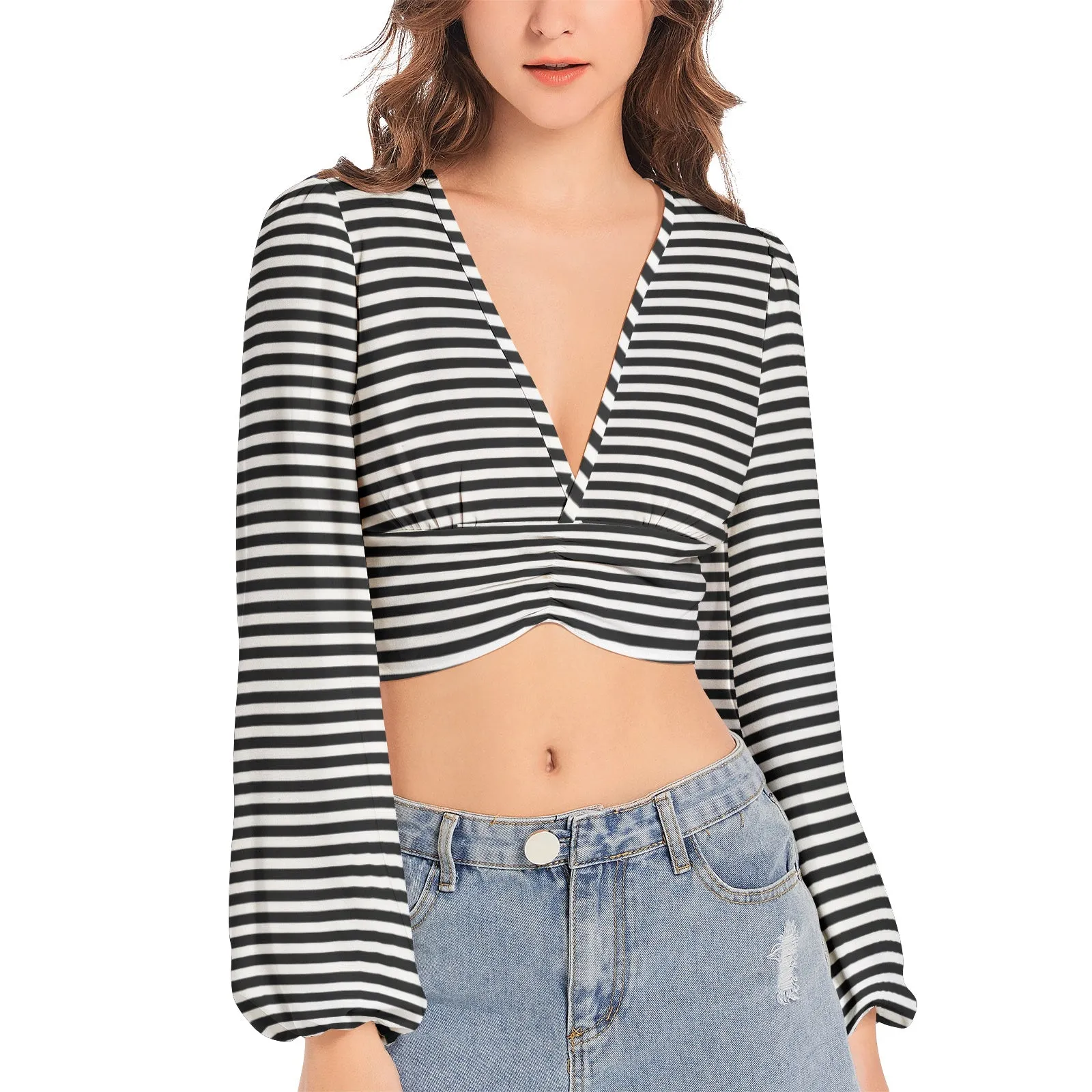 Sensual Striped Women's Deep V-Neck Lantern Sleeve Crop Top