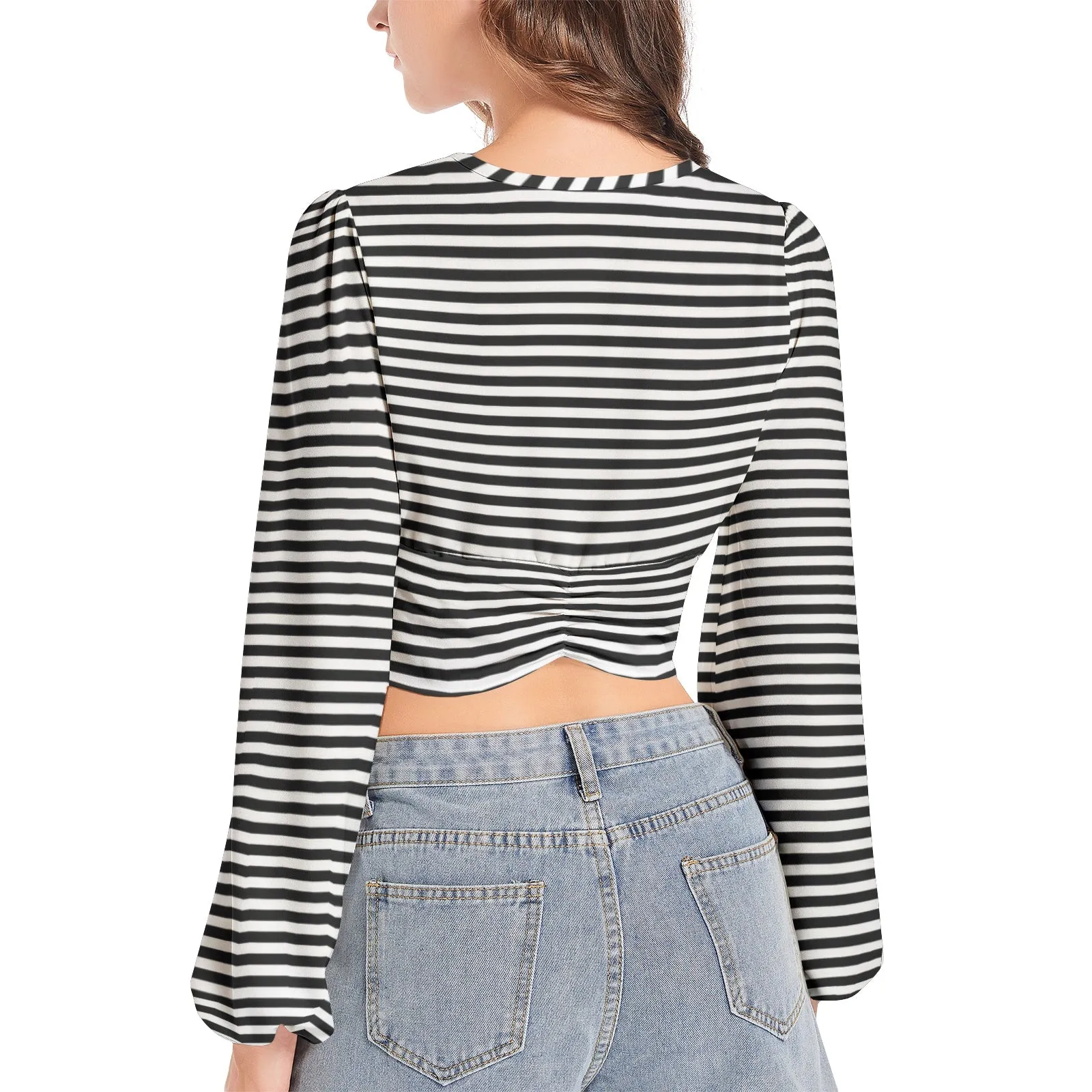 Sensual Striped Women's Deep V-Neck Lantern Sleeve Crop Top