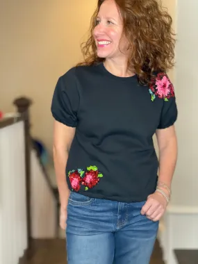 Short Sleeve Sweatshirt w/Rose Applique