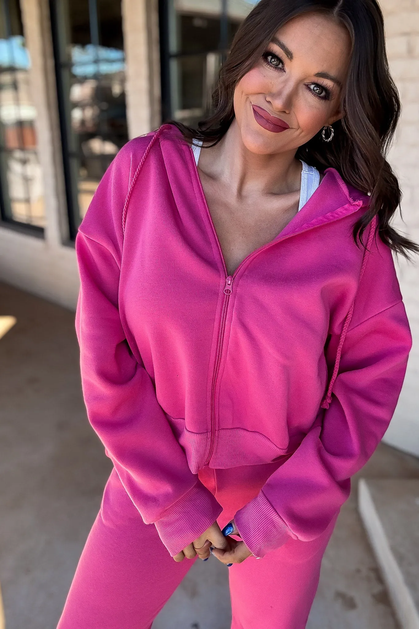 So Popular Satin Rose Basic Fleece Zip Up Hoodie