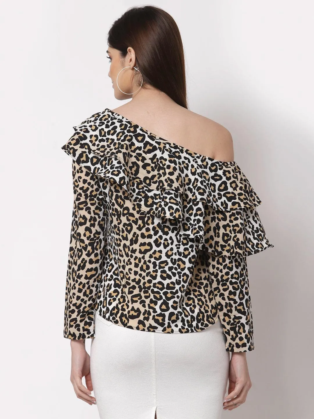 Style Quotient Beige Animal Print One Shoulder Crepe Top