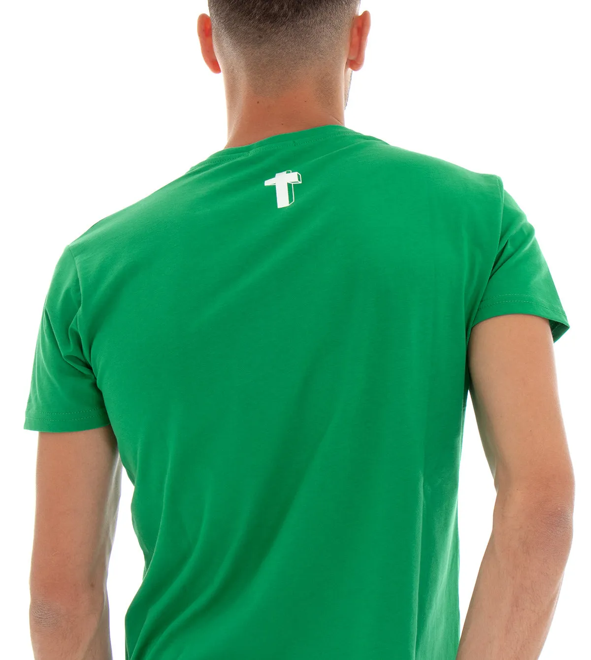 T-shirt Uomo Maglia Manica Corta Tinta Unita Verde Stampa Croce Girocollo Cotone GIOSAL