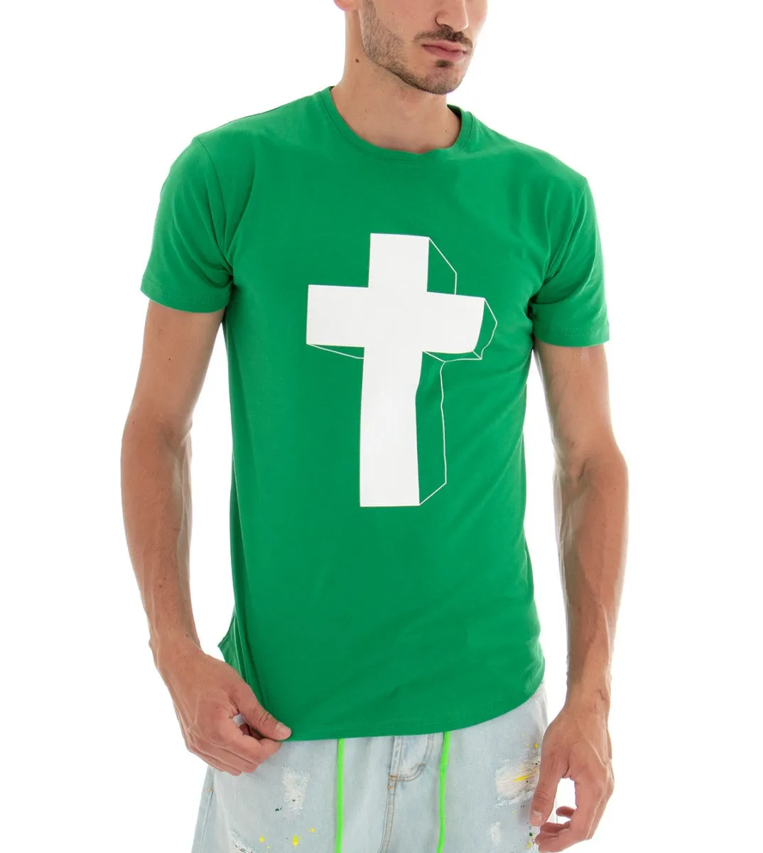 T-shirt Uomo Maglia Manica Corta Tinta Unita Verde Stampa Croce Girocollo Cotone GIOSAL