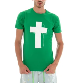 T-shirt Uomo Maglia Manica Corta Tinta Unita Verde Stampa Croce Girocollo Cotone GIOSAL