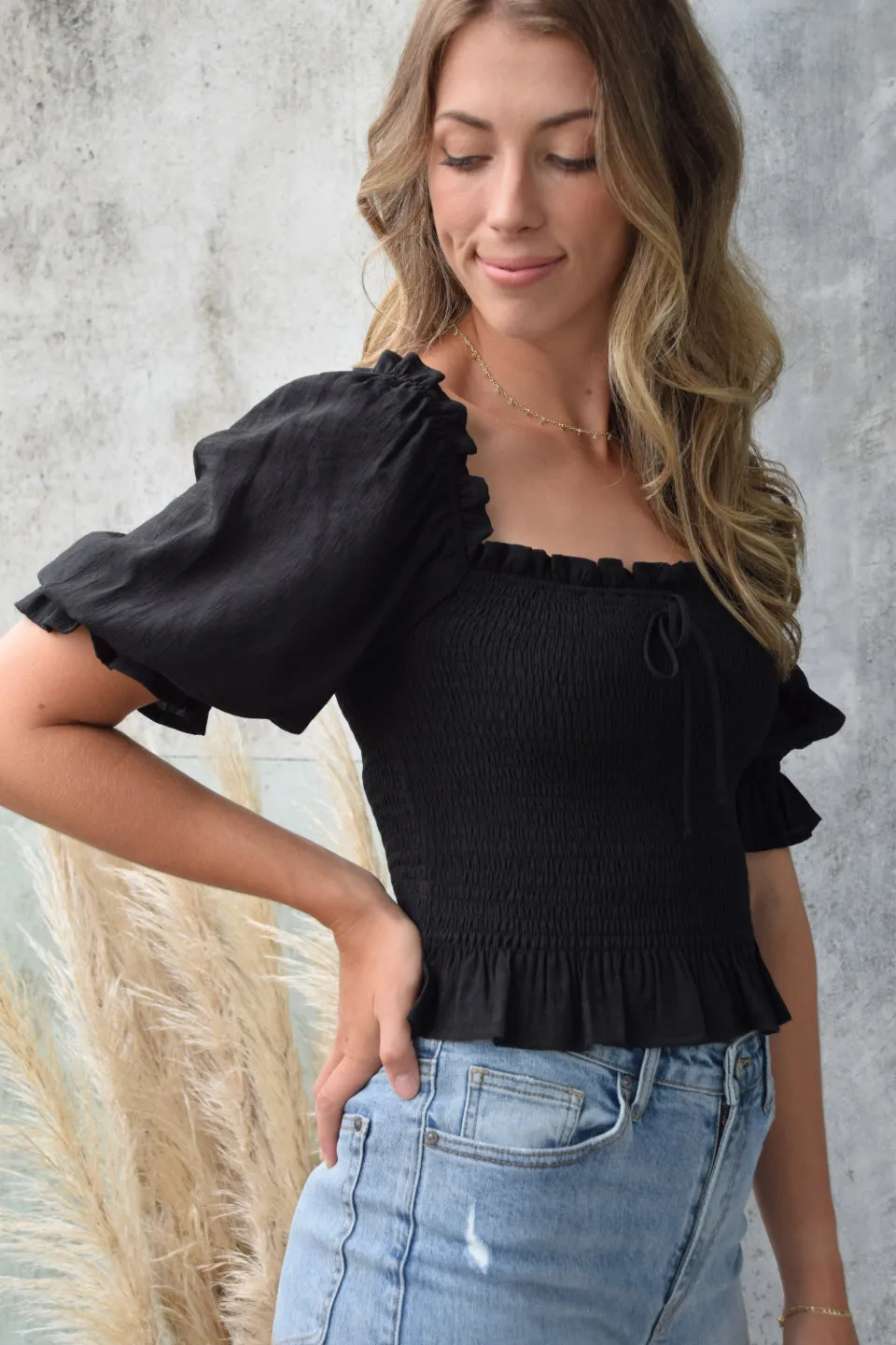 Turn It Up Black Shirred Puff Sleeve Crop Top