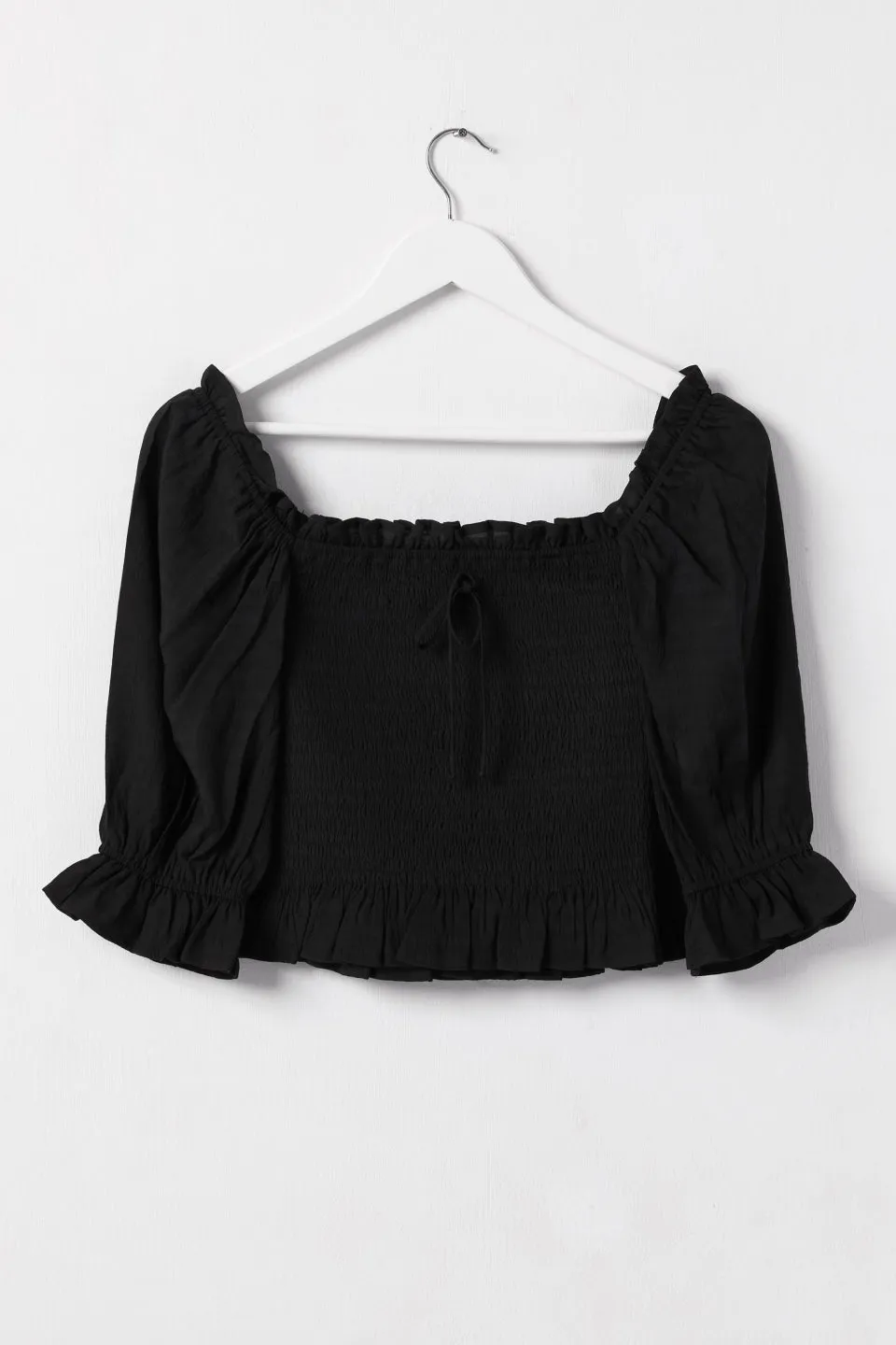 Turn It Up Black Shirred Puff Sleeve Crop Top