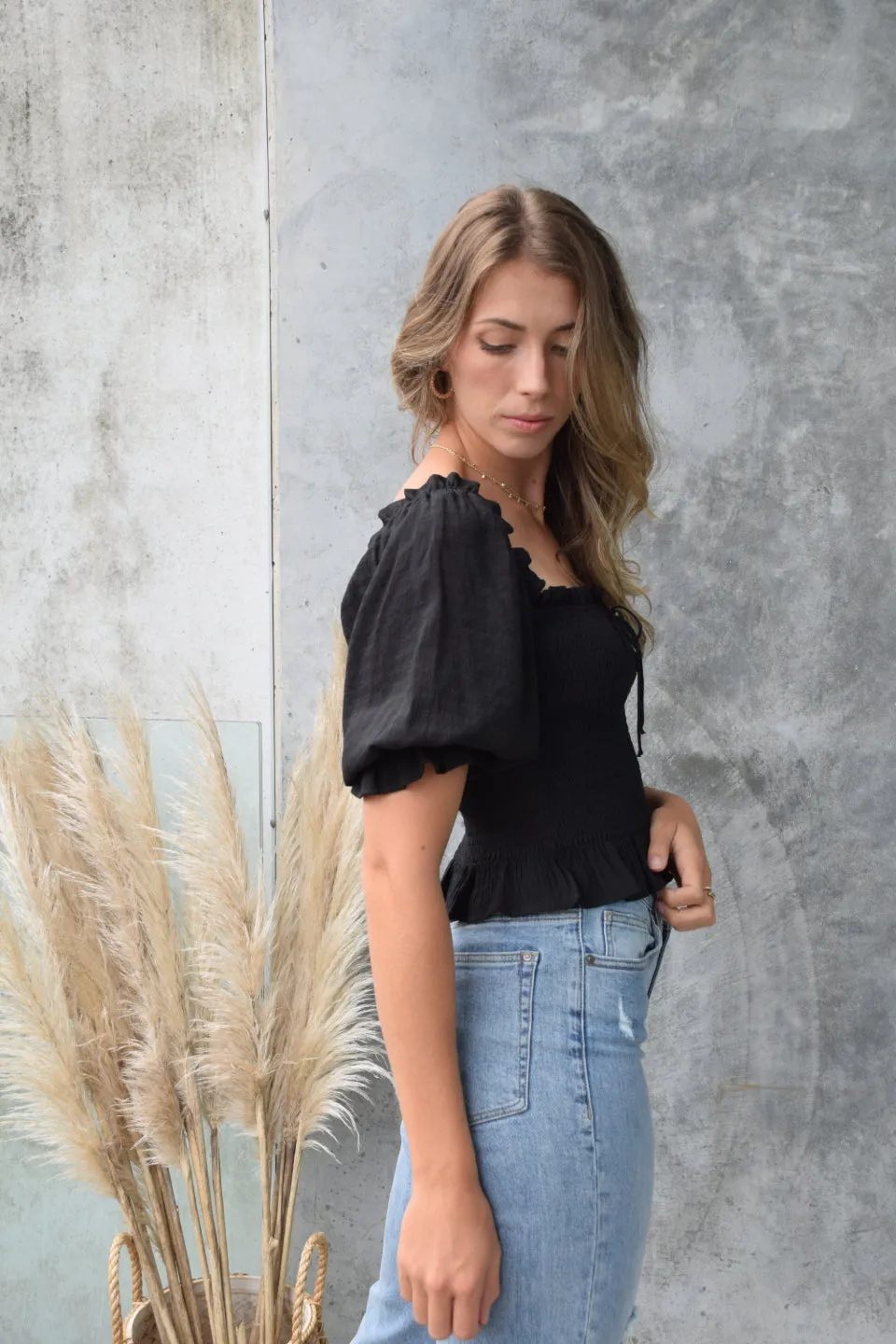 Turn It Up Black Shirred Puff Sleeve Crop Top