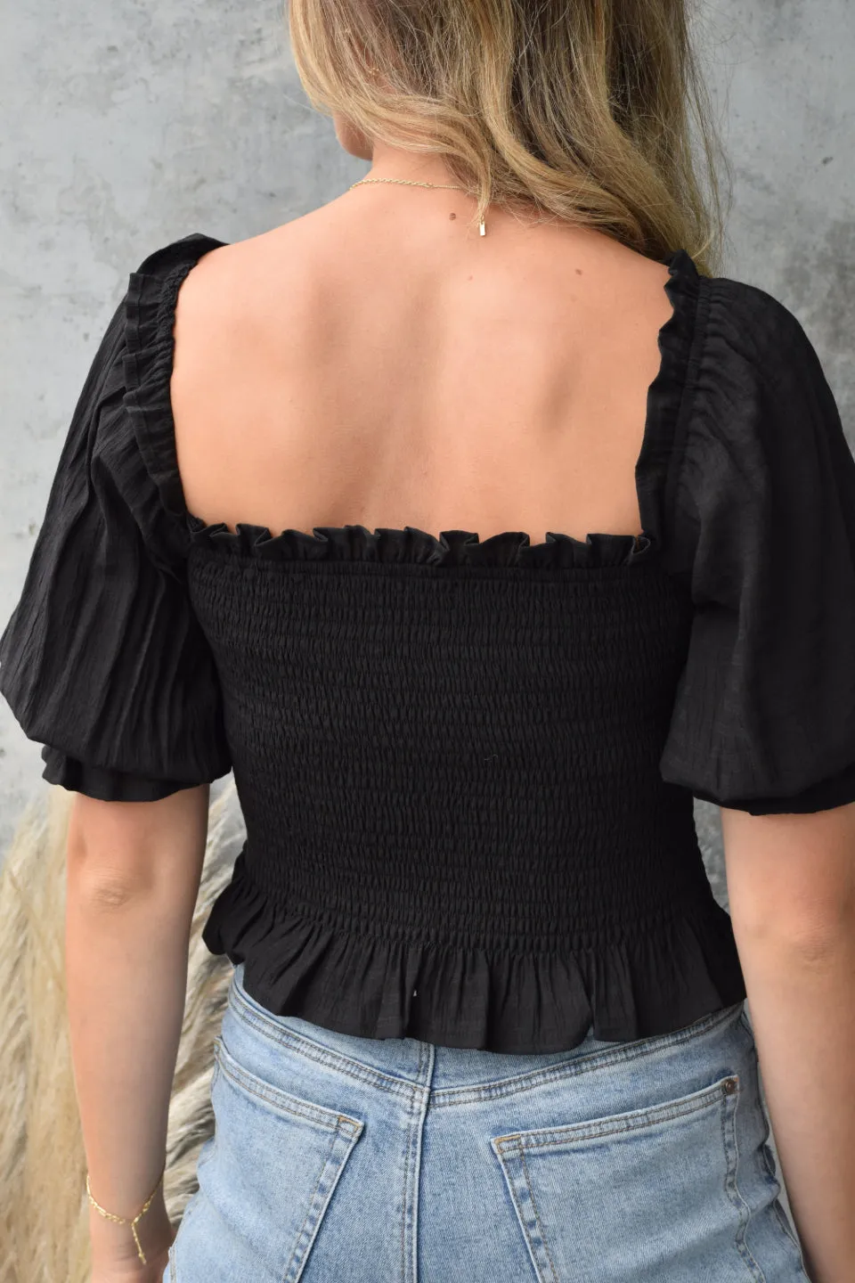 Turn It Up Black Shirred Puff Sleeve Crop Top