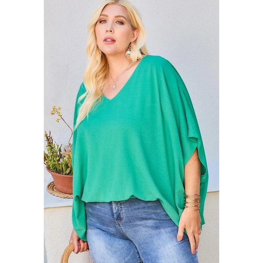 V Neck Dolman Sleeves Front Waist Elastic Solid Top