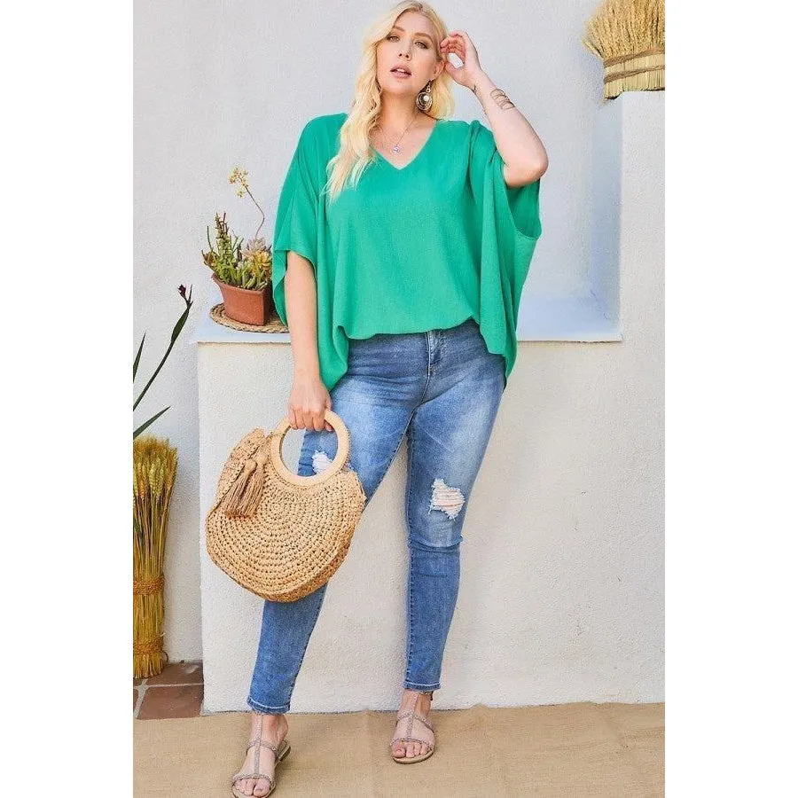 V Neck Dolman Sleeves Front Waist Elastic Solid Top