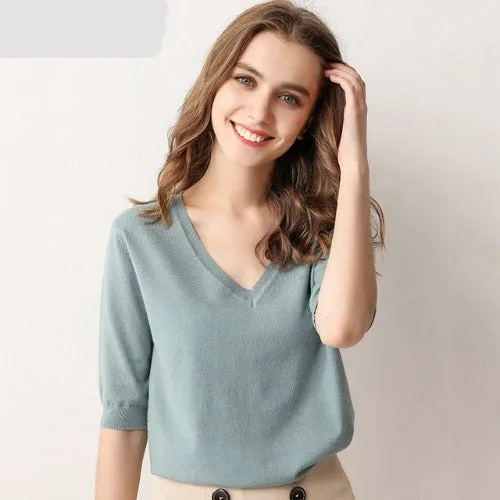 V Neck Short Sleeve Shirt Top - Grey green