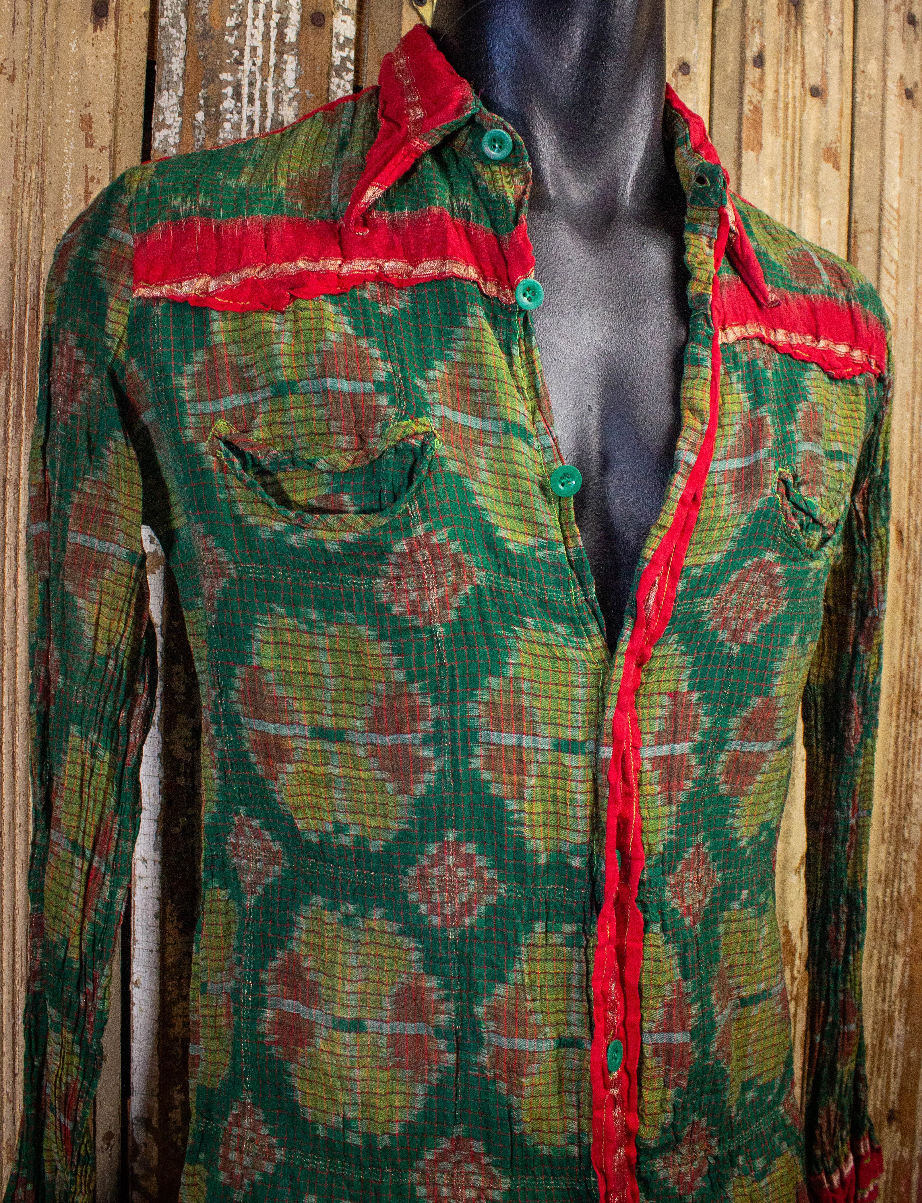 Vintage Gentleman John Button Up Shirt 70s Green/Red Medium