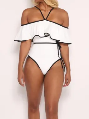 White Off the Shoulder One-Piece Flouncing Swimsuit