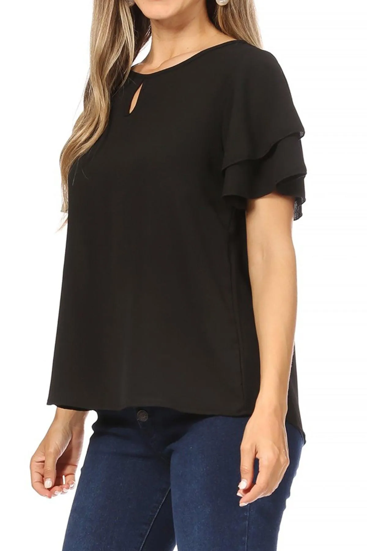 Women's Casual Solid Flowy Short Sleeve Round Neck Key Hole Tee Blouse Top