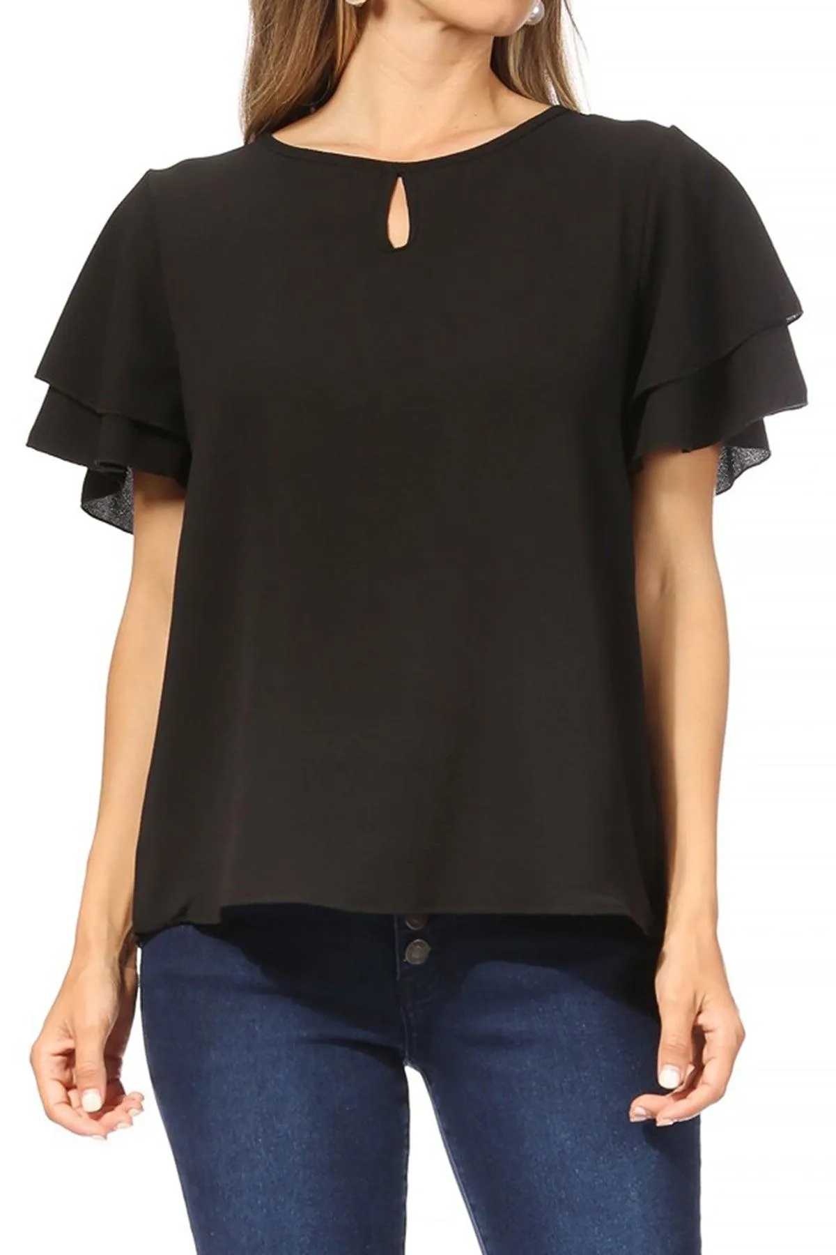 Women's Casual Solid Flowy Short Sleeve Round Neck Key Hole Tee Blouse Top