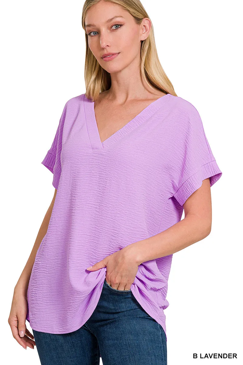 Woven Airflow V-Neck Hi-Low Top - Bright Lavender